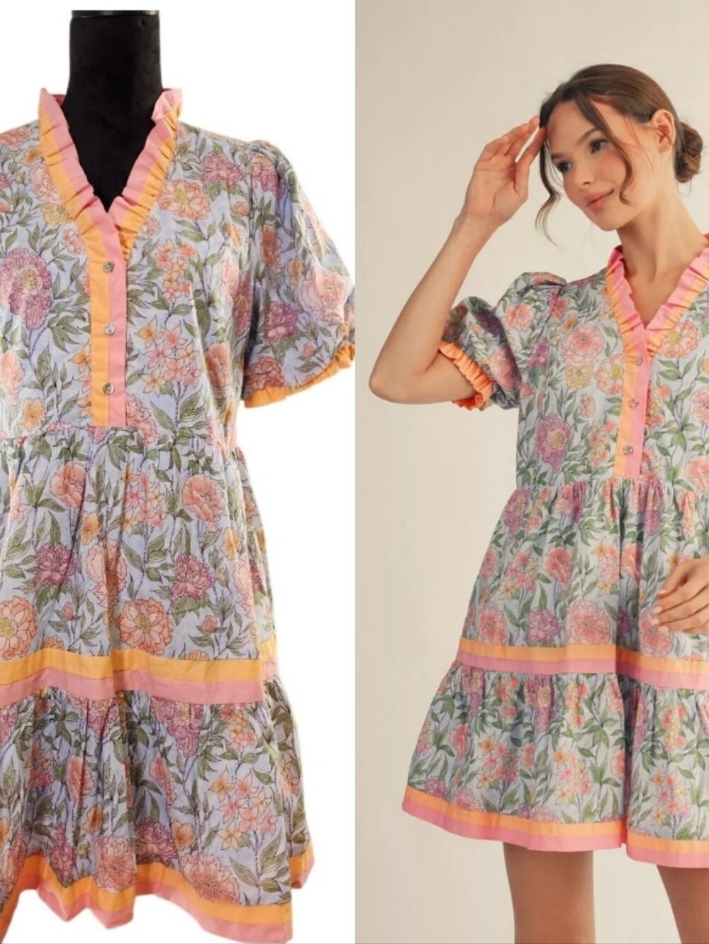 Jodifl Sky Blue Solid Contrast Detail Tiered Floral Dress
